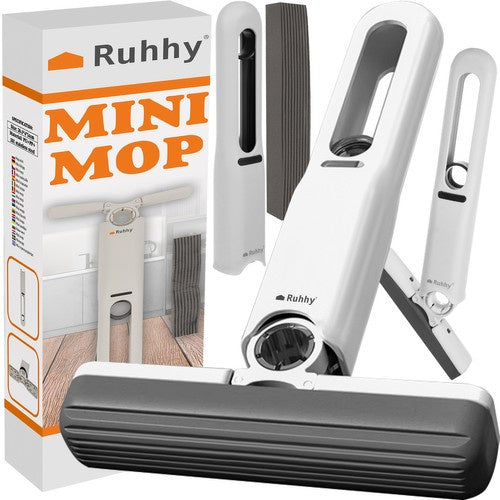 Ruhhy Compacte Mini-Mop – Streeploos Ramen & Spiegels Wassen – Waterinjectiesysteem – 2 Duurzame Klikpads – Ergonomische Handgreep – Wit
