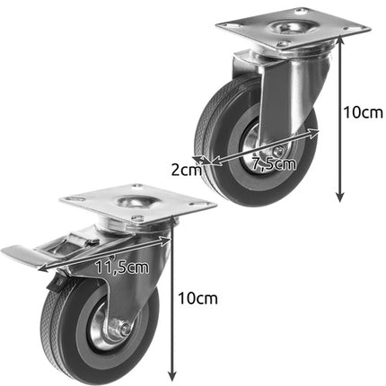 Zwenkwielen Set 75 mm – 4 Stuks met Rem – Transportwielen tot 220 kg – Rubberen Meubelwielen voor Trolley, Werkbank & Meubels - Voordeelstore.nl