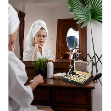 Horloge Organizer 12 Vakken – Horlogedoos Met Glasdeksel – Opbergdoos Voor Horloges, Armbanden en Sieraden – Zwart