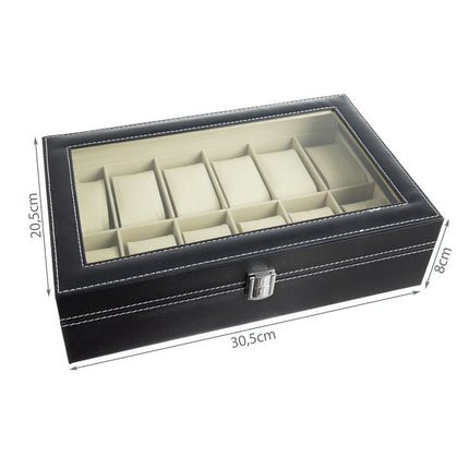 Horloge Organizer 12 Vakken – Horlogedoos Met Glasdeksel – Opbergdoos Voor Horloges, Armbanden en Sieraden – Zwart