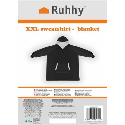 Ruhhy XXL Oversize Deken Sweatshirt – Zwart – Extra Warm, Dik, Flanel, Hoodie met Capuchon & Kangoeroezak