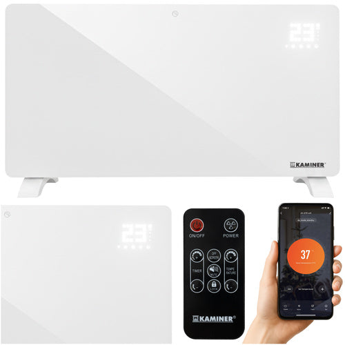 Kaminer Zelva Elektrische Glazen Verwarming – Wit – 2500W – WiFi & Afstandsbediening – Slimme Glazen Radiator