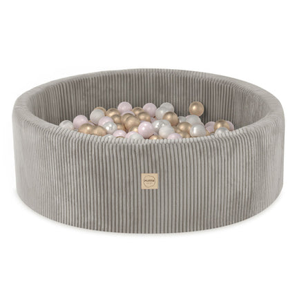 Plushnest Luxe Ronde Ballenbak voor Kinderen en Baby's - Ballenbad 90x30cm Beige Corduroy - 200 Kleurrijke Ballen 6cm Parelmoer, Lichtroze, Goud
