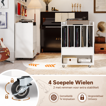 Vinyl Platenkast Wit met Wielen – Platenspeler Meubel met 5 Opbergvakken, Lade en Opbergplank