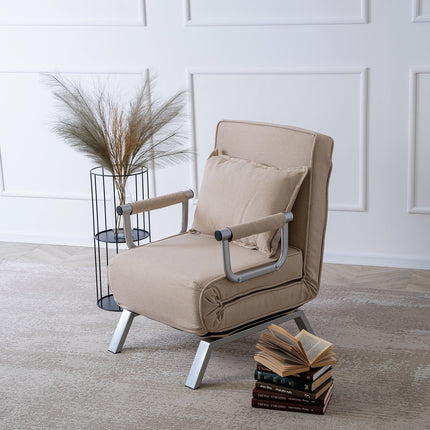 2de kansje Mebel Elite Bart Luxe 3-in-1 Uitklapbare Slaapstoel Beige - Inklapbare Slaapbank Met 5 Standen Verstelbare Rugleuning - Belastbaar Tot 125 kg - Moderne Slaapfauteuil - Logeerbed