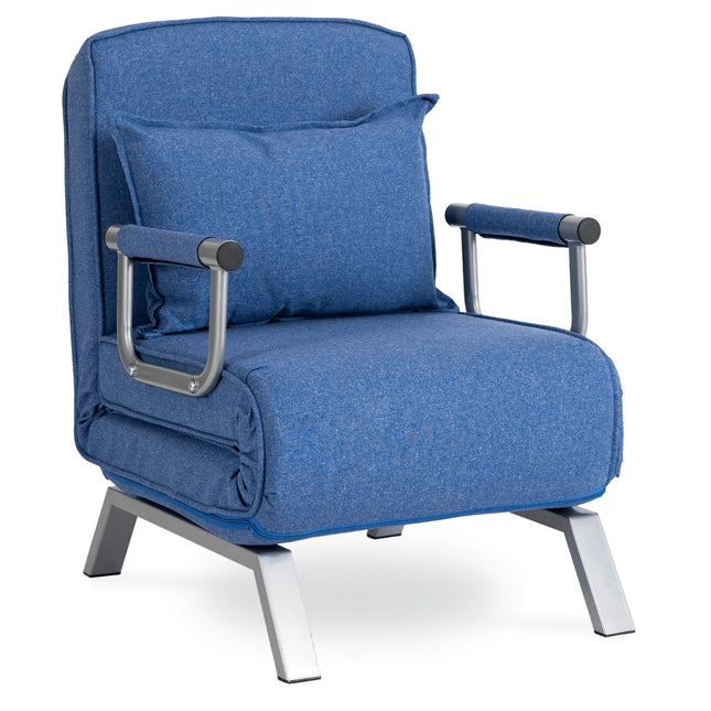 Mebel Elite Bart Luxe 3-in-1 Uitklapbare Slaapstoel Blauw - Inklapbare Slaapbank Met 5 Standen Verstelbare Rugleuning - Belastbaar Tot 125 kg - Moderne Slaapfauteuil - Logeerbed
