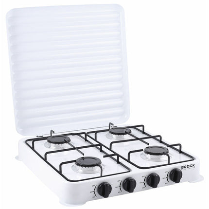 Brock Electronics 4-Pits Gaskookplaat Wit – Draagbaar Camping Kooktoestel – Vrijstaand Gasfornuis 4 Pits – Kampeer Gaskomfoor – Compact Kookstel 48x48 cm voor Camping of Buitenkeuken