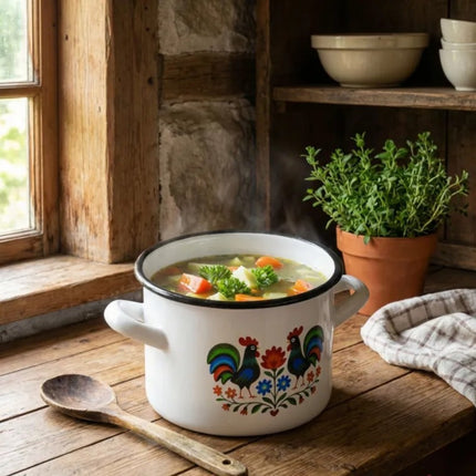 Emaille Kookpan 6 Liter – Geëmailleerde Pan 22 cm – Grote Kookpot met Folk Design – Wit