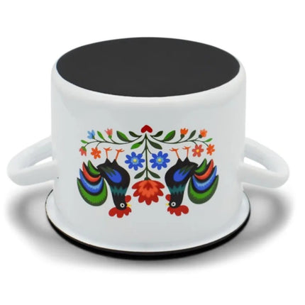 Emaille Kookpan 1,7 Liter – Kleine Geëmailleerde Pan 14 cm – Kookpot met Folk Design – Wit