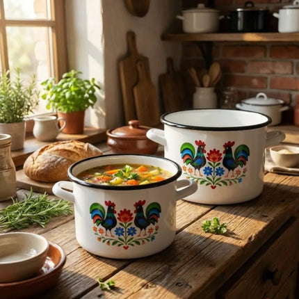 Emaille Kookpan 6 Liter – Geëmailleerde Pan 22 cm – Grote Kookpot met Folk Design – Wit