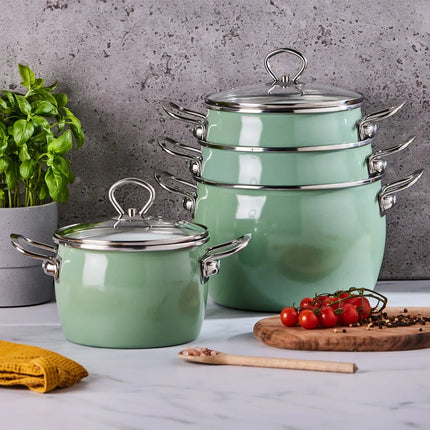 Altom Design Balbina 8 delige Emaille Pannenset Groen - Geëmailleerde Handgemaakte Kookset - Groene Vintage Kookpannenset
