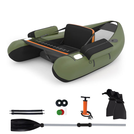 Trendmix Opblaasbare Lichtgewicht Belly Boat Groen 136 x 105 x 53 cm - Bellyboat 160 kg Draagvermogen - Inclusief Peddel en Flippers