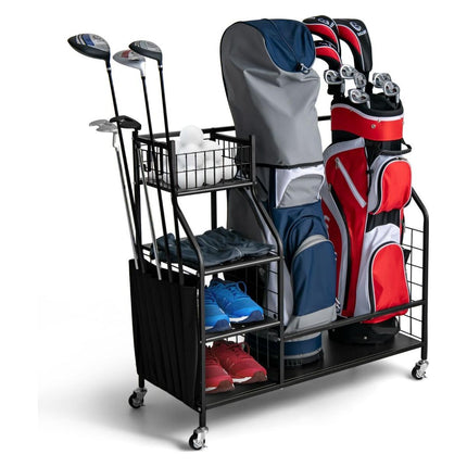 Trendmix Golftas opslagrek Metaal Zwart 95 cm x 40 cm x 94 cm - Garage Organizer Dubbele Golftas Standaard - 4 Universele Wielen Met Rem