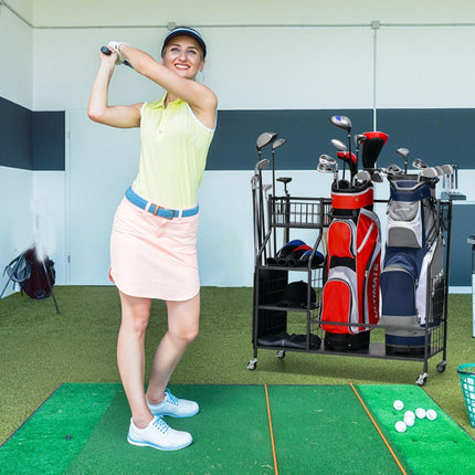 Trendmix Golftas opslagrek Metaal Zwart 95 cm x 40 cm x 94 cm - Garage Organizer Dubbele Golftas Standaard - 4 Universele Wielen Met Rem
