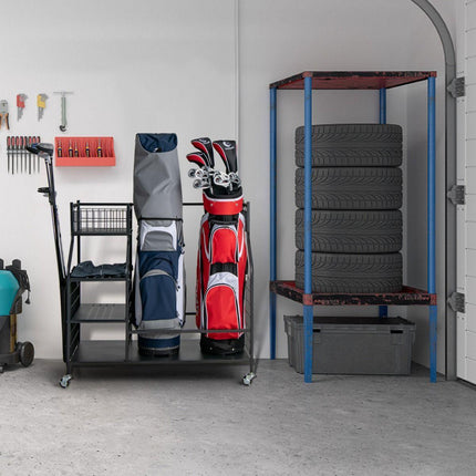 Trendmix Golftas opslagrek Metaal Zwart 95 cm x 40 cm x 94 cm - Garage Organizer Dubbele Golftas Standaard - 4 Universele Wielen Met Rem