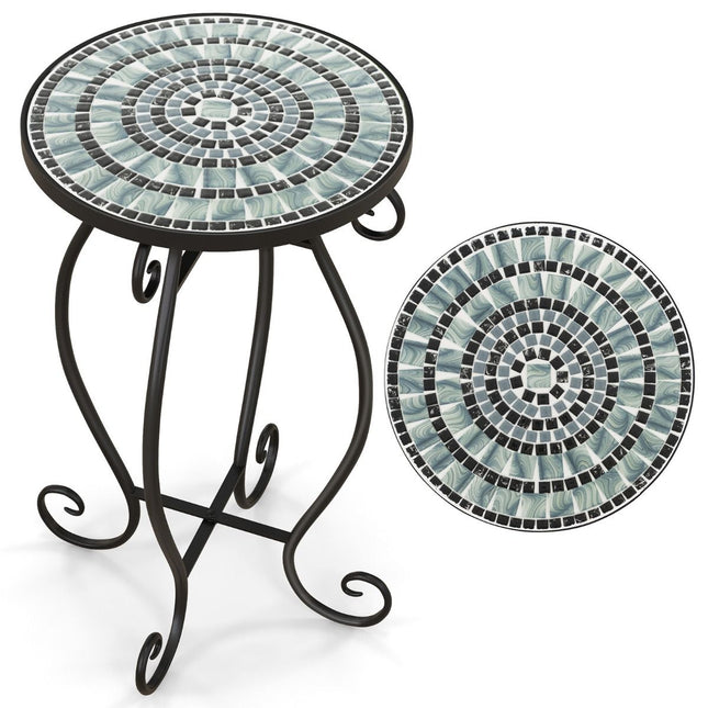 Mozaïek Bijzettafel voor Binnen en Buiten - Ronde Terrastafel met Weerbestendig keramiek Tafelblad - Kleine Plantenstandaard 30 x 30 x 50 - Zwart