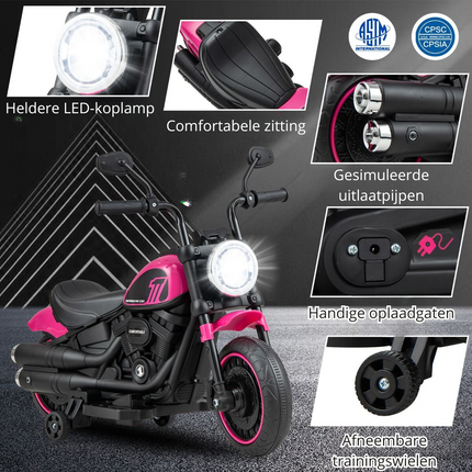 Trendmix Elektrische Motorfiets Chopper voor Kinderen 6V 1,5-2,5 km/u Roze - Zijwieltjes - LED Koplampen - Banden met Schroefdraad - Accuvoertuig