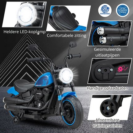 Trendmix Elektrische Motorfiets Chopper voor Kinderen 6V 1,5-2,5 km/u Blauw - Zijwieltjes - LED Koplampen - Banden met Schroefdraad - Accuvoertuig