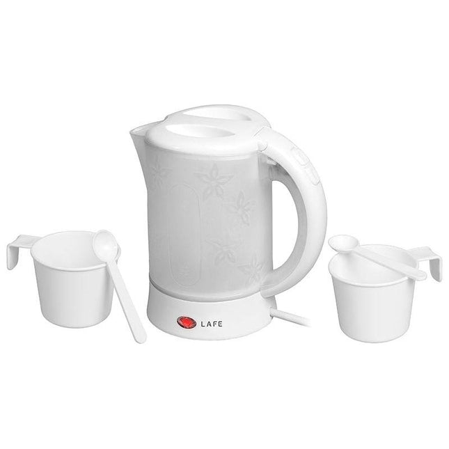 Lafe Elektrische Reis Waterkoker 0.6 Liter - Inclusief 2 Kopjes en Lepels - Kleine Waterkoker Voor Camping of Caravan Klein Formaat - 600W - Wit