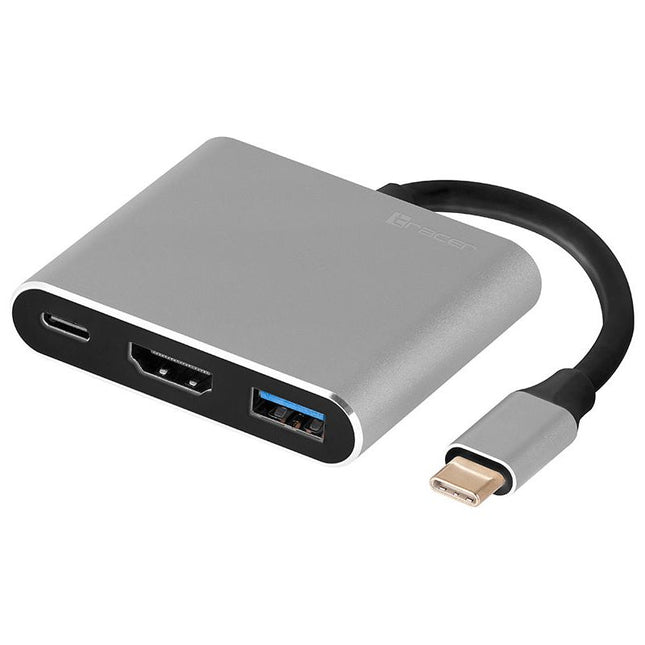 Tracer Multifunctionele Adapter voor USB-C - 3 Verschillende Poorten - USB 3.0, HDMI 1.4, USB-C - Aluminium Zilver