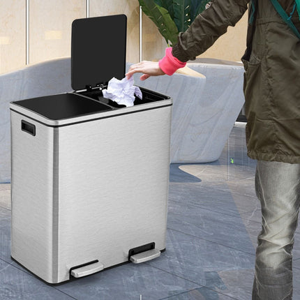 Trendmix RVS Afvalscheidingsprullenbak 2 x 30L - Prullenbak 60L Met Dubbele Compartimenten En Voetpedalen - Anti-Vingerafdruk
