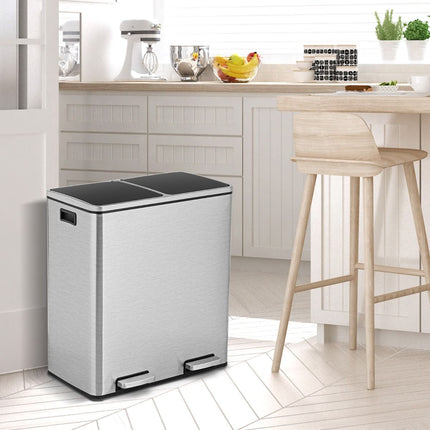 Trendmix RVS Afvalscheidingsprullenbak 2 x 30L - Prullenbak 60L Met Dubbele Compartimenten En Voetpedalen - Anti-Vingerafdruk