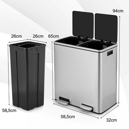 Trendmix RVS Afvalscheidingsprullenbak 2 x 30L - Prullenbak 60L Met Dubbele Compartimenten En Voetpedalen - Anti-Vingerafdruk