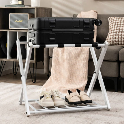 Trendmix Opvouwbaar Bagagerek Kofferstandaard - Bagagerek met Schoenenplank - Metaal Wit 68 x 44 x 57 cm
