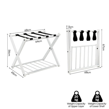 Trendmix Opvouwbaar Bagagerek Kofferstandaard - Bagagerek met Schoenenplank - Metaal Wit 68 x 44 x 57 cm