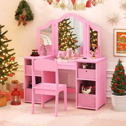 Trendmix 2 in 1 Kaptafel kind met Stoel En 3 Spiegels 104 x 40 x 117 cm Roze - Set voor Kinderen - Make-Up Tafel - Opmaaktafel
