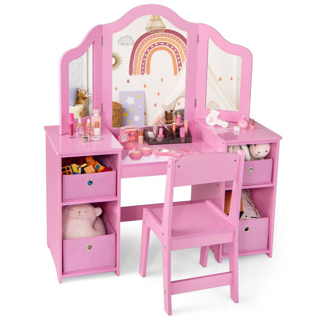 Trendmix 2 in 1 Kaptafel kind met Stoel En 3 Spiegels 104 x 40 x 117 cm Roze - Set voor Kinderen - Make-Up Tafel - Opmaaktafel