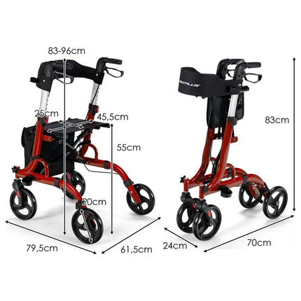 Trendmix Opvouwbare Lichtgewicht Rollator Met Zitting En Loophulp - 6-Voudig In Hoogte Verstelbaar Loopwagen - Tas En Stokhouder & 2 Remmen - Rood
