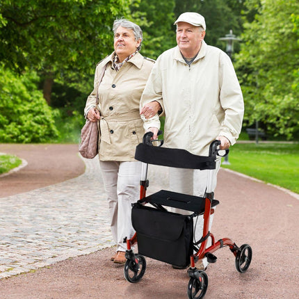 Trendmix Opvouwbare Lichtgewicht Rollator Met Zitting En Loophulp - 6-Voudig In Hoogte Verstelbaar Loopwagen - Tas En Stokhouder & 2 Remmen - Rood