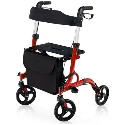 Trendmix Opvouwbare Lichtgewicht Rollator Met Zitting En Loophulp - 6-Voudig In Hoogte Verstelbaar Loopwagen - Tas En Stokhouder & 2 Remmen - Rood