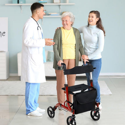 Trendmix Opvouwbare Lichtgewicht Rollator Met Zitting En Loophulp - 6-Voudig In Hoogte Verstelbaar Loopwagen - Tas En Stokhouder & 2 Remmen - Rood