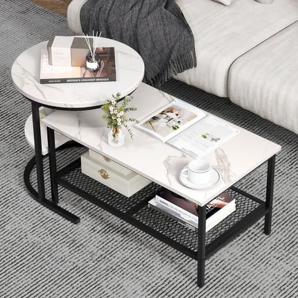 Trendmix Set van 2 Bijzettafel En Salontafel Marmerprint 80 x 46 x 41 cm - Zwart Frame - Ronde Bijzettafel Rechthoekige Salontafel