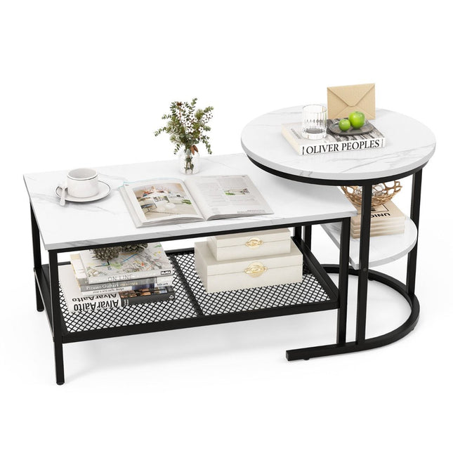 Trendmix Set van 2 Bijzettafel En Salontafel Marmerprint 80 x 46 x 41 cm - Zwart Frame - Ronde Bijzettafel Rechthoekige Salontafel
