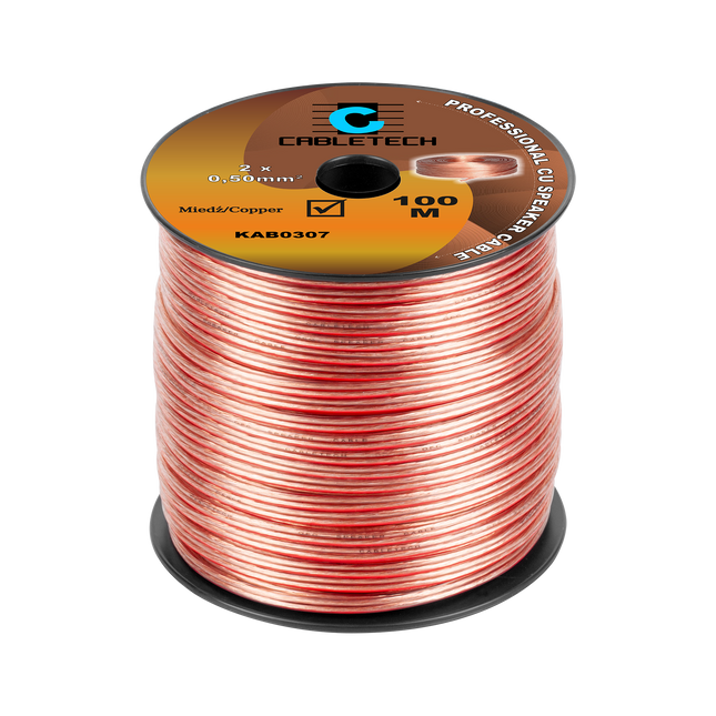 Speaker Kabel 100 Meter Haspel 2x0.5 mm² CU Koper – Luidsprekerkabel Transparant – Audio Kabel Rol – Cabletech