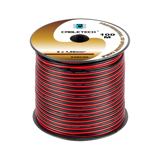 Speaker Kabel 100 Meter Haspel 2x1.5 mm² Zwart/Rood CU Koper KAB0385 – Luidsprekerkabel – Audio Kabel Rol