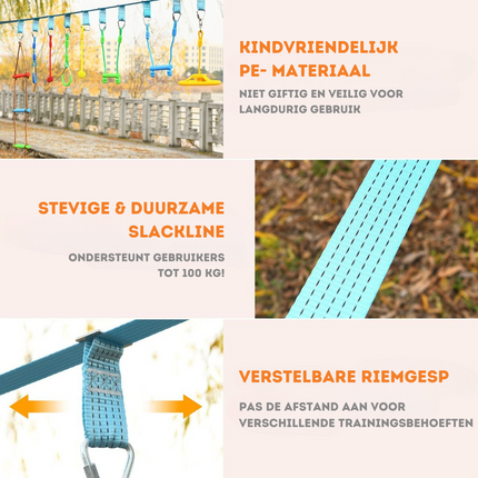 Trendmix Ninja Warrior Set 15 meter met 9 obstakels - Slackline Voor Kinderen - Buiten Speelset - Verstelbare Obstakels - Kleurrijke Speelset