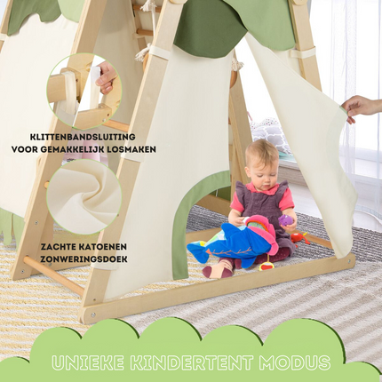 Trendmix 6-In-1 Houten Klimrek Speeltoestel - Indoor Kinder Speeltoestel met Glijbaan en Tent - 115 cm x 108 cm x 127 cm