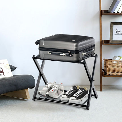 Trendmix Opvouwbaar Bagagerek Kofferstandaard - Bagagerek met Schoenenplank - Metaal Zwart 68 x 44 x 57 cm