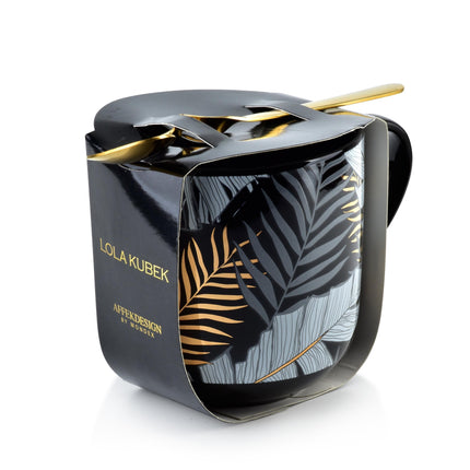 Affekdesign Lola Leaf porseleinen mok met blad patroon en lepel 480ml zwart