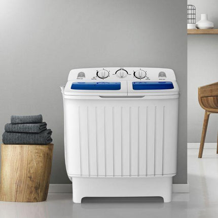 2de kansje Costway camping wasmachine met dubbele trommel 5 Kg was / 3 Kg centrifuge laadvermogen wit / blauw