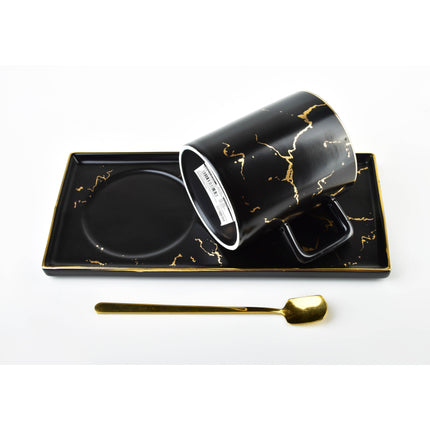 Affekdesign Odette porseleinen mok en schotel met marmer look en lepel 250ml zwart