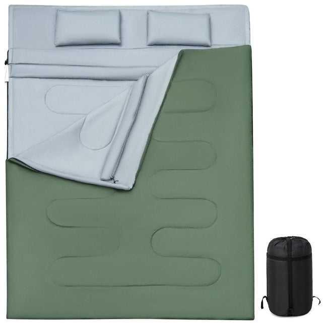 Trendmix Dubbele 2-in-1 Waterdichte Slaapzak Voor 2-personen -  Slaapzak met 2 Kussens en Draagtas voor Kamperen en Reizen 220x150 cm Groen