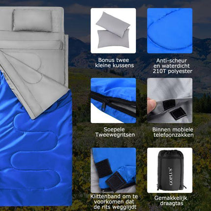 Trendmix Dubbele 2-in-1 Waterdichte Slaapzak Voor 2-personen -  Slaapzak met 2 Kussens en Draagtas voor Kamperen en Reizen 220x150 cm Blauw