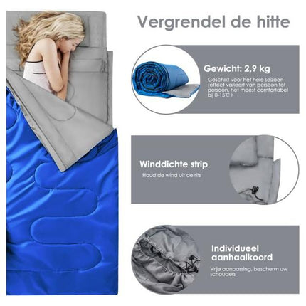 Trendmix Dubbele 2-in-1 Waterdichte Slaapzak Voor 2-personen -  Slaapzak met 2 Kussens en Draagtas voor Kamperen en Reizen 220x150 cm Blauw