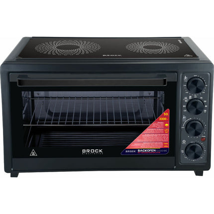 Brock Electronics Elektrische Mini Oven 50L Met 2 Keramische Kookplaten - Vrijstaande Convectie Oven Met Grill En 2 Kookplaten – 1800W - Zwart