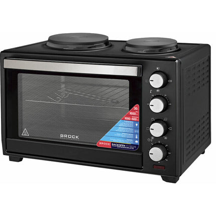Brock Electronics Elektrische Mini Oven 30L met 2 Kookplaten – Vrijstaande Convectie Oven met Grill en Kookplaten – 1600W - Zwart